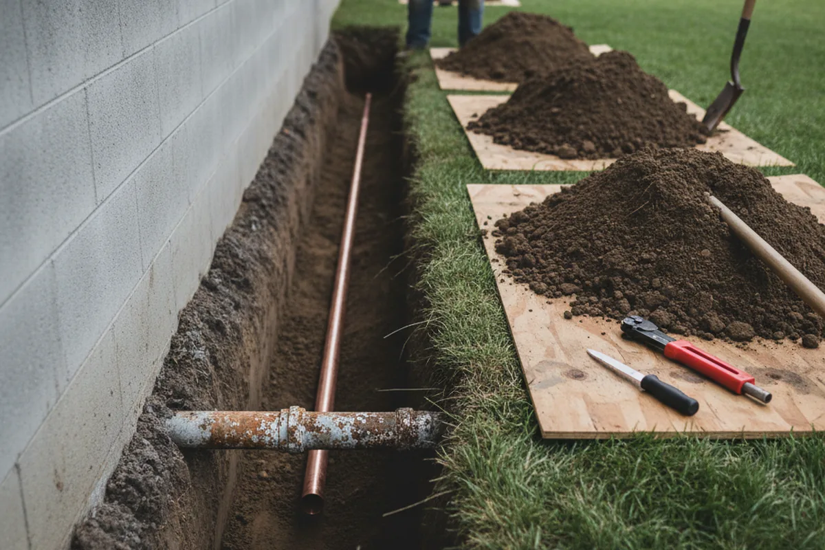 Excavated water line trench during Water Softener Installation in Barkhamsted